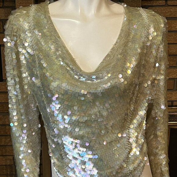 VINTAGE Oleg Cassini Iridescent Paillette Disc Faux Pearl Silk Blouse SZ L.
